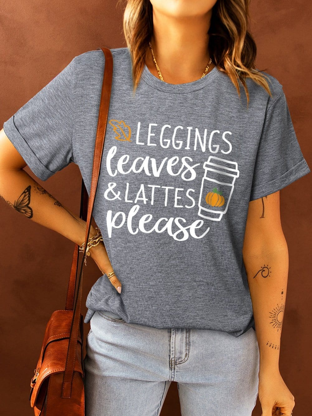 Autumn Vibes Roll-Up Sleeve Graphic Tee - Gray