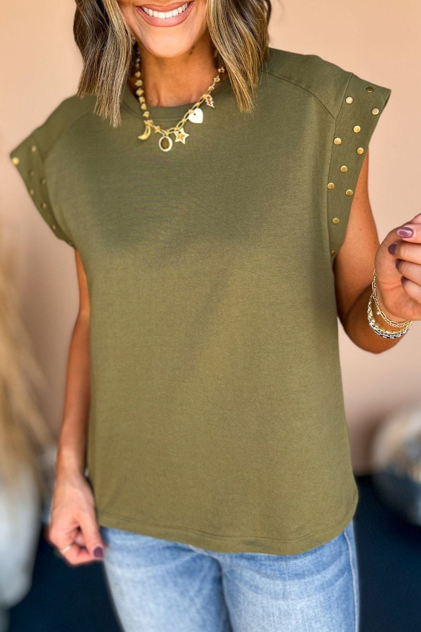 Avocado Green Embellished Short Sleeve Blouse