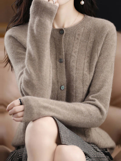 Women's Cardigan Sweater Jacket Crew Neck Cable Knit Polyester Button Knitted Fall Winter Regular Outdoor Daily Going out Streetwear Stylish Casual Long Sleeve Pure Color White Brown Apricot S M L