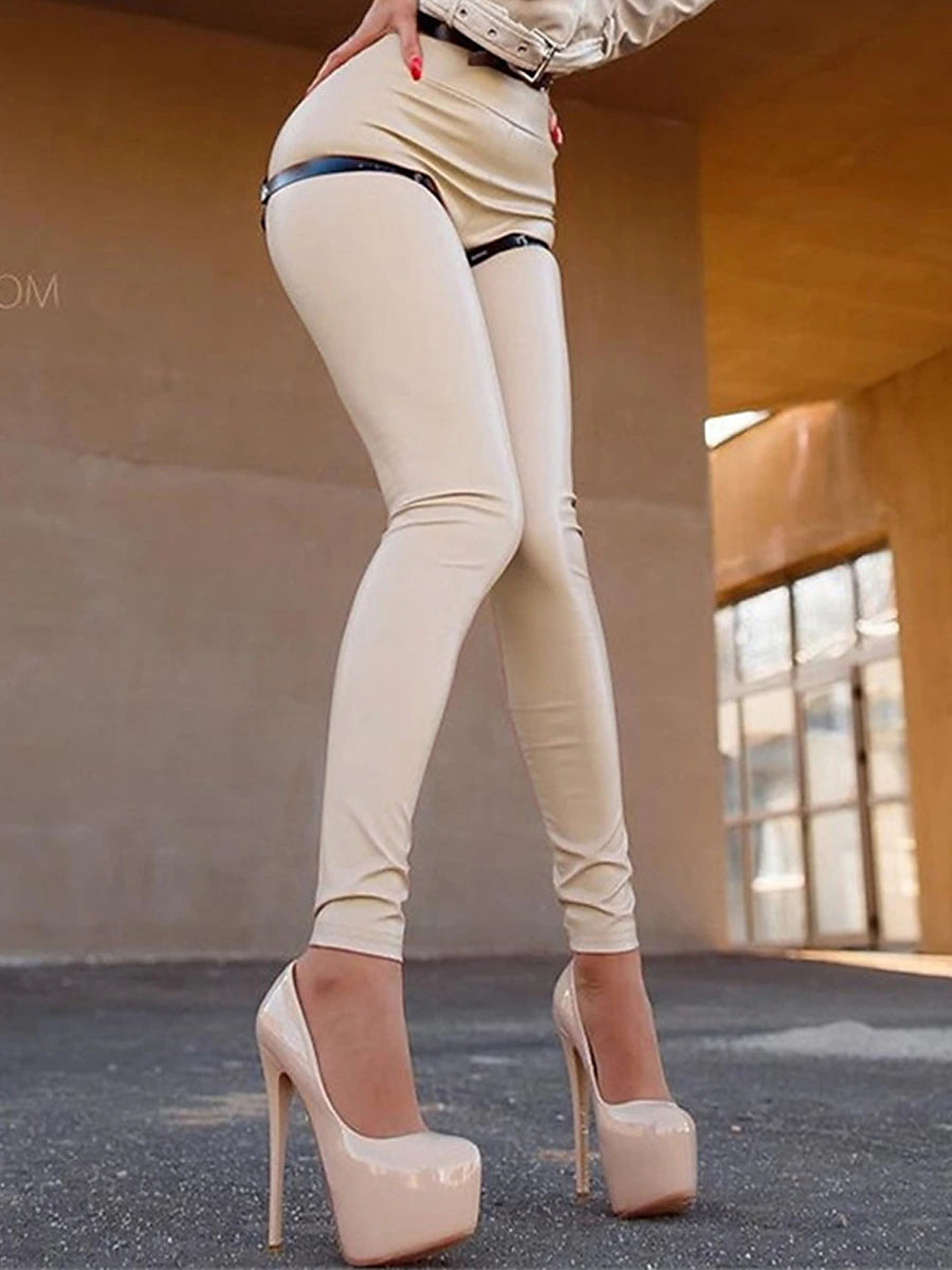 Women's Leggings Faux Leather Plain navy blue light dark green light Fashion High Waist Full Length Party Outdoor Fall Winter