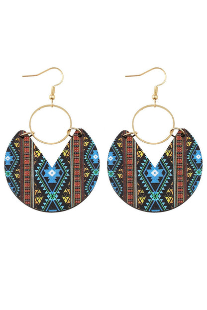Aztec Circle Geometric Wooden Earrings with Multicolour Tribal Vibe
