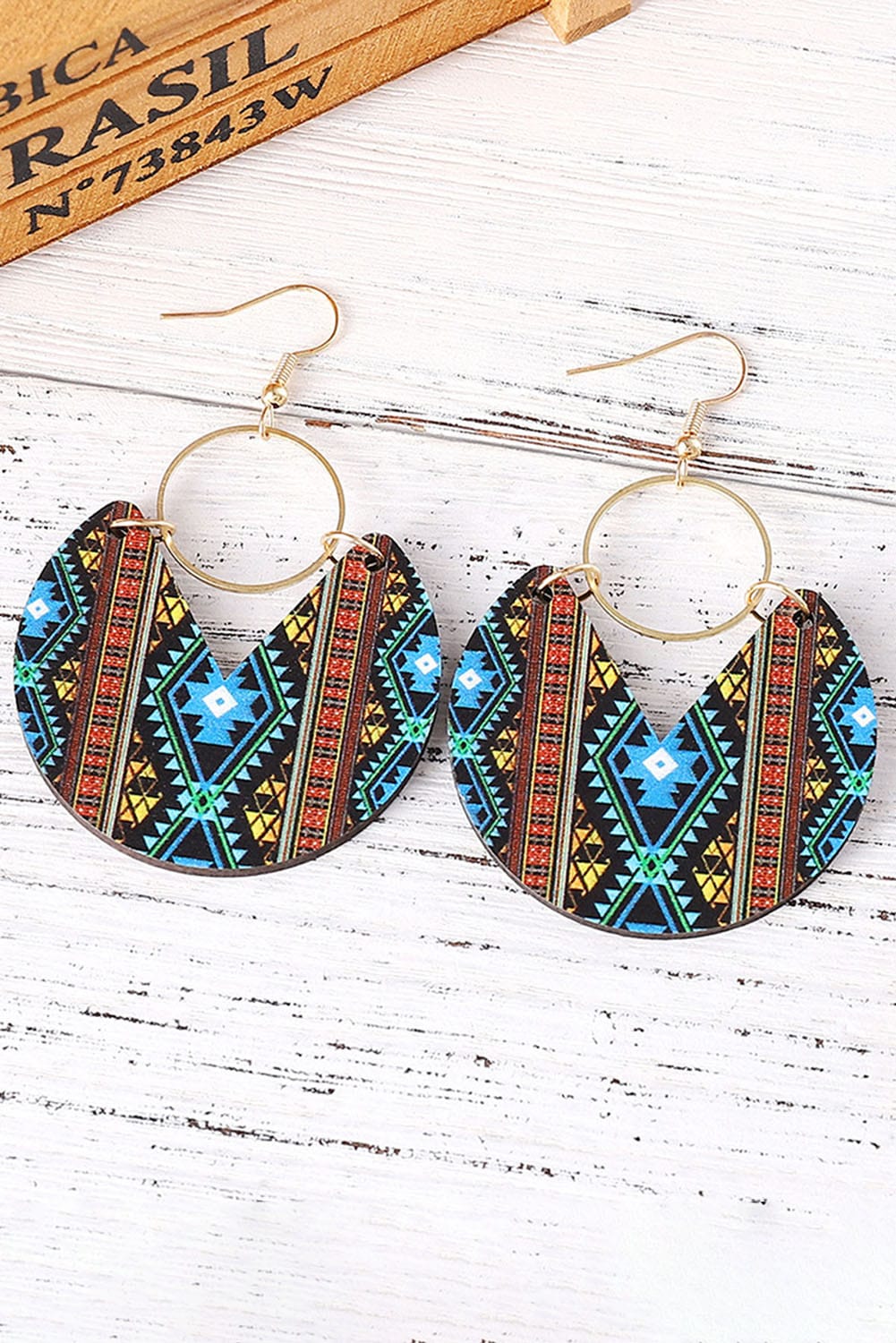 Aztec Circle Geometric Wooden Earrings with Multicolour Tribal Vibe