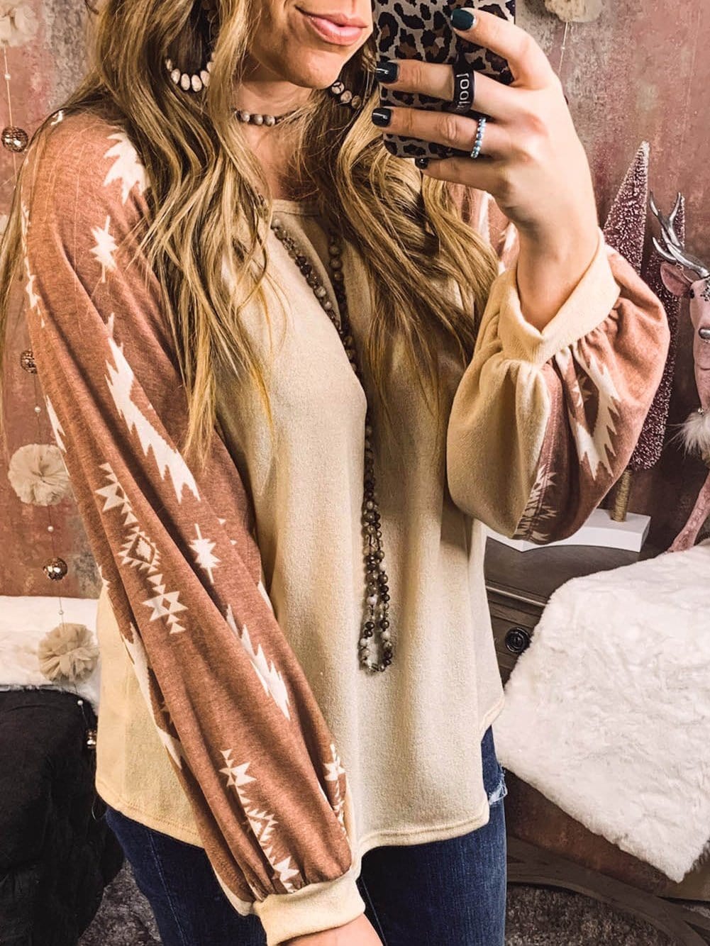 Aztec Patchwork Sleeve Apricot Western Top