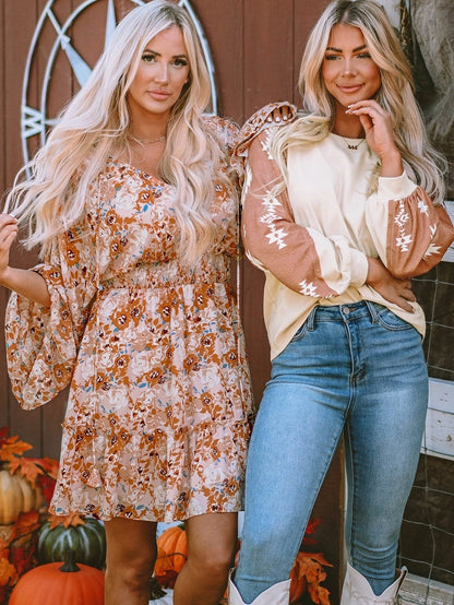 Aztec Patchwork Sleeve Apricot Western Top