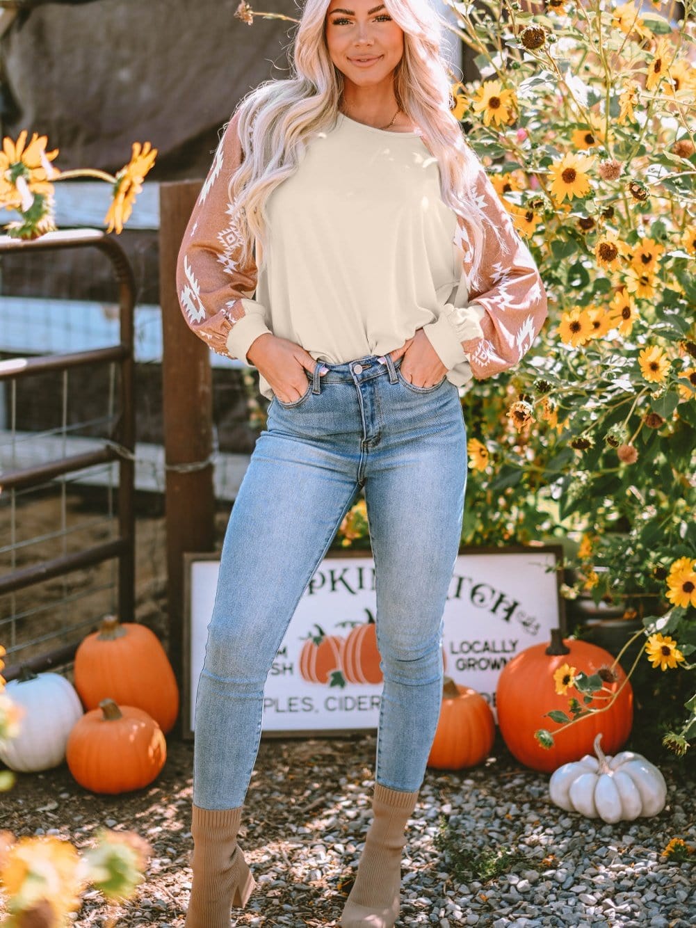 Aztec Patchwork Sleeve Apricot Western Top