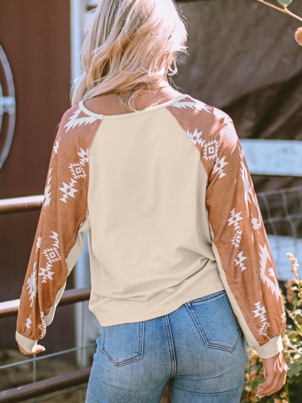 Aztec Patchwork Sleeve Apricot Western Top