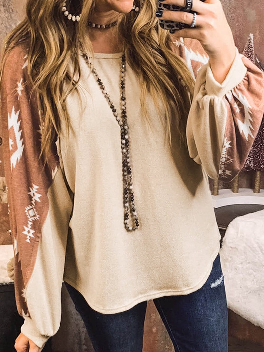 Aztec Patchwork Sleeve Apricot Western Top