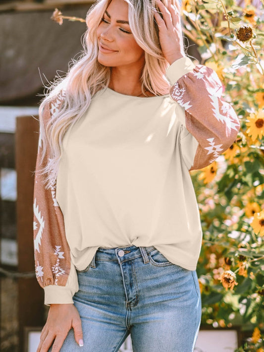 Aztec Patchwork Sleeve Apricot Western Top