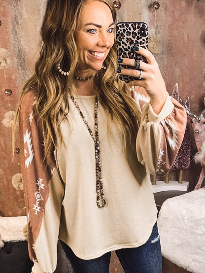 Aztec Patchwork Sleeve Apricot Western Top