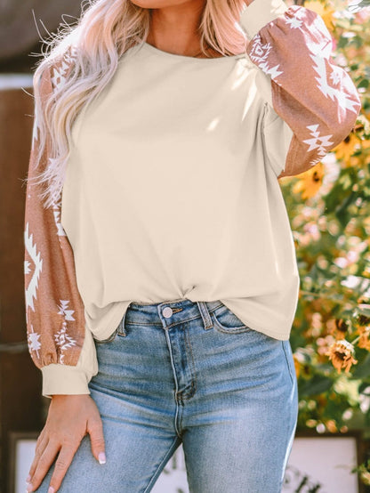 Aztec Patchwork Sleeve Apricot Western Top