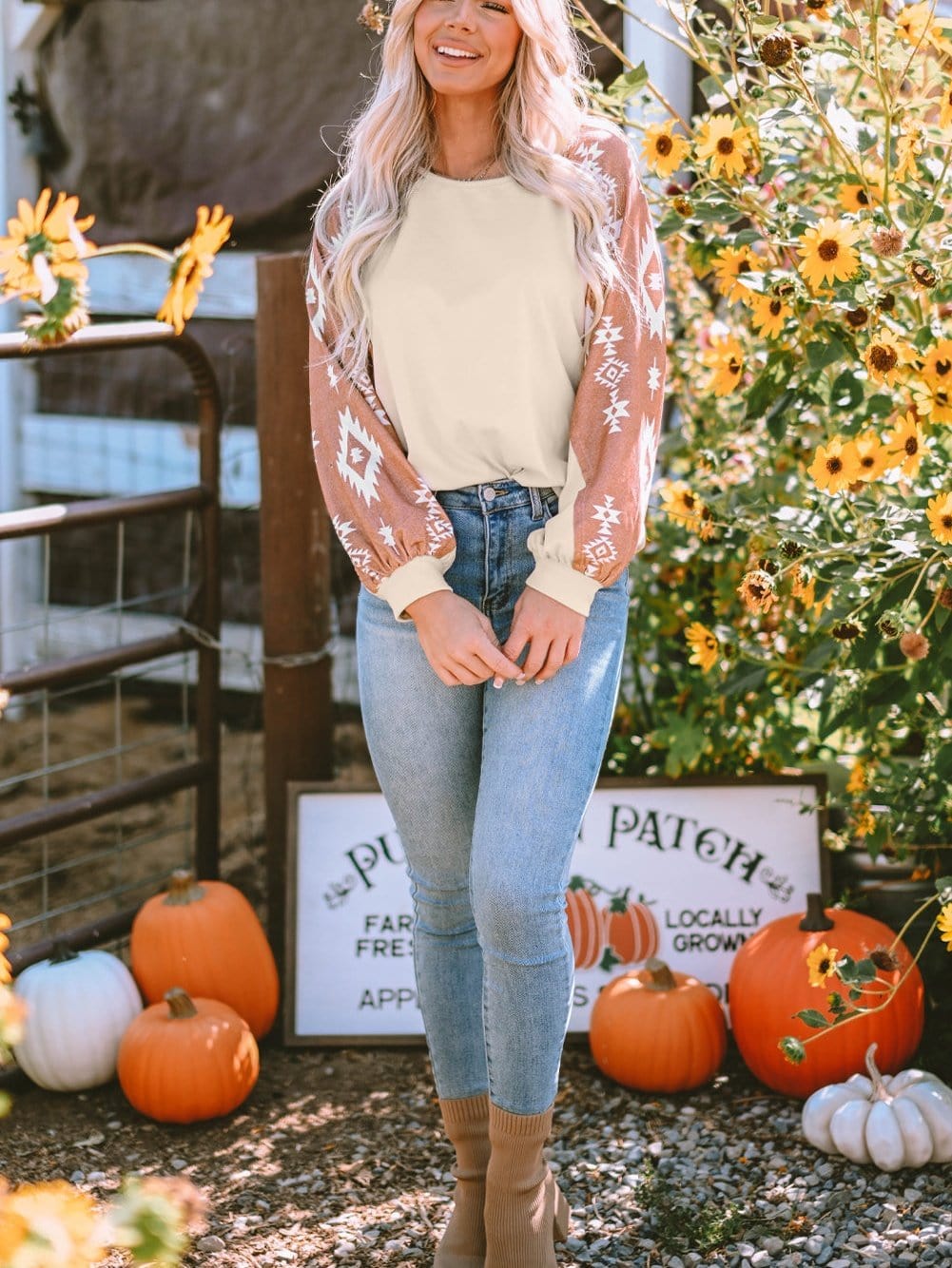 Aztec Patchwork Sleeve Apricot Western Top