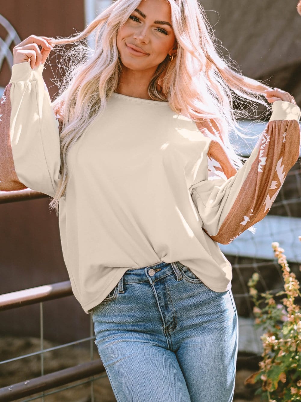 Aztec Patchwork Sleeve Apricot Western Top