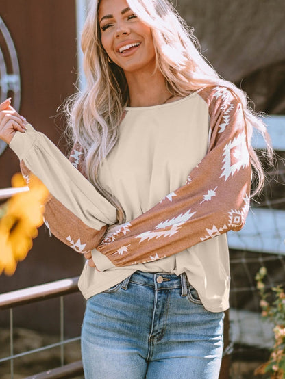 Aztec Patchwork Sleeve Apricot Western Top