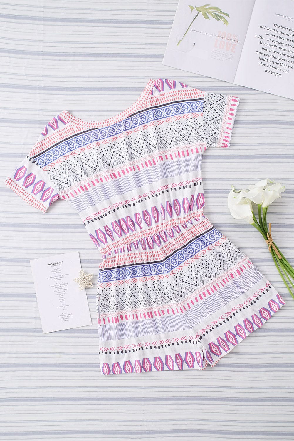 Aztec Patterned Short Sleeve Romper with Vibrant Colors