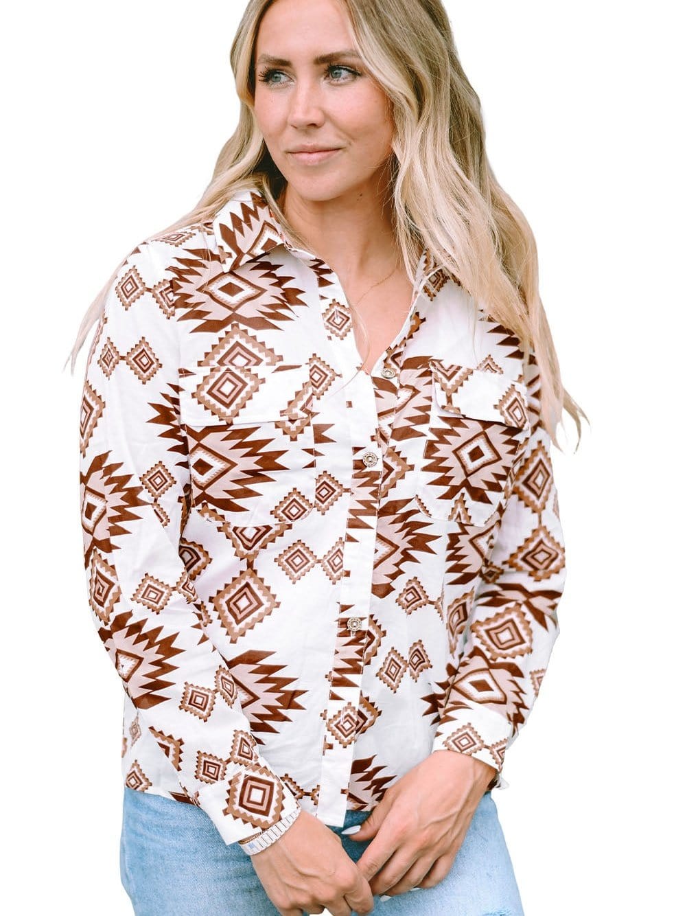 Aztec Print White Western Shirt with Button Flap Pockets