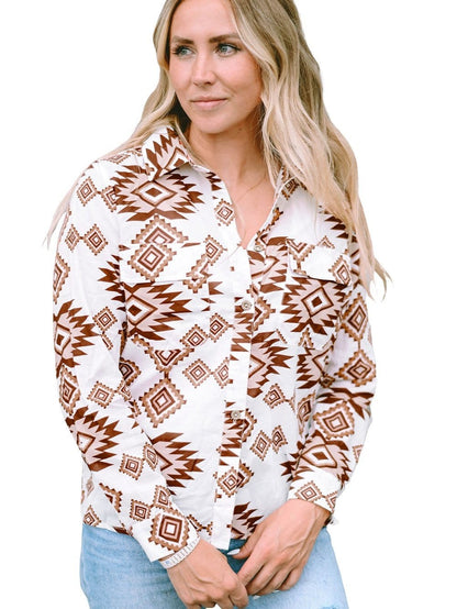 Aztec Print White Western Shirt with Button Flap Pockets