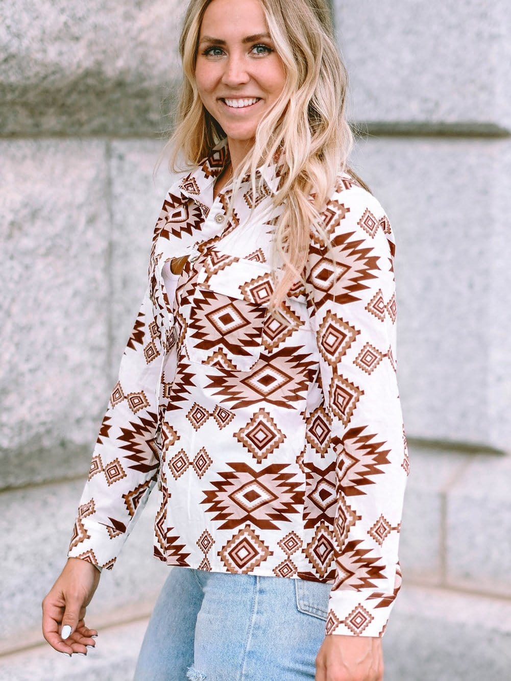 Aztec Print White Western Shirt with Button Flap Pockets