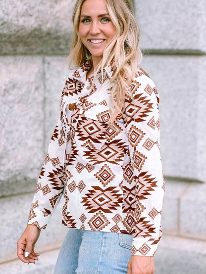 Aztec Print White Western Shirt with Button Flap Pockets