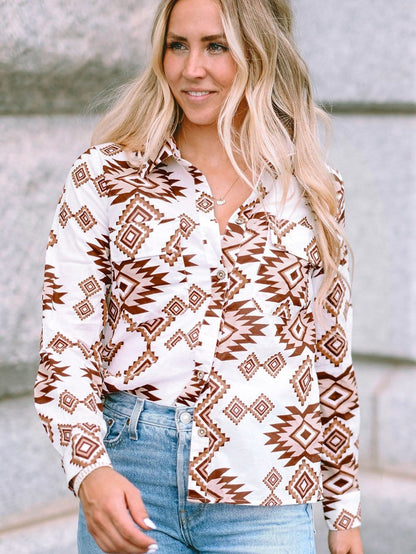 Aztec Print White Western Shirt with Button Flap Pockets