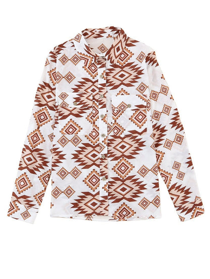 Aztec Print White Western Shirt with Button Flap Pockets