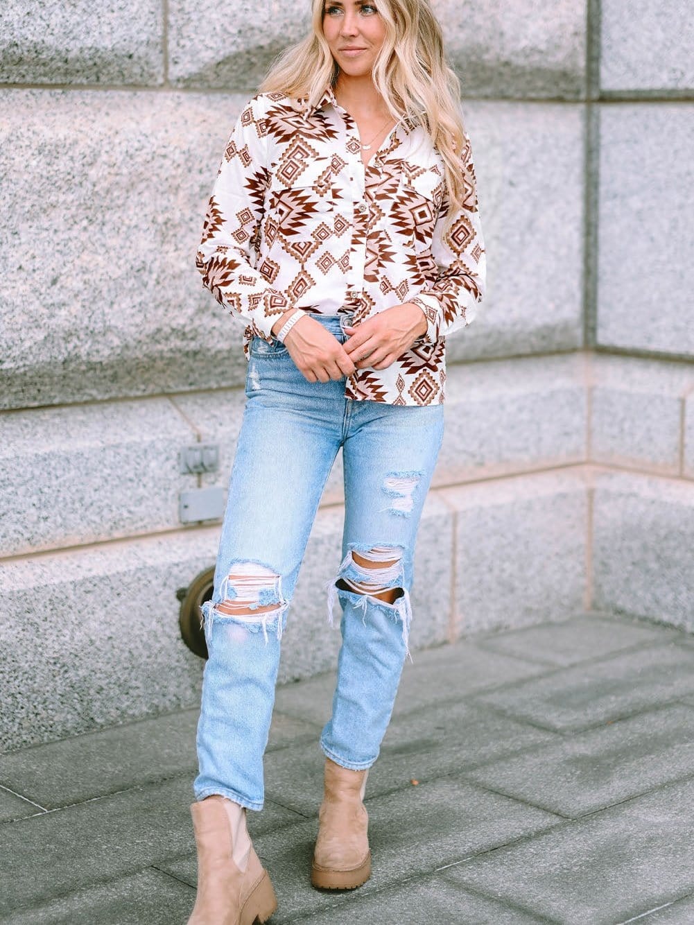 Aztec Print White Western Shirt with Button Flap Pockets