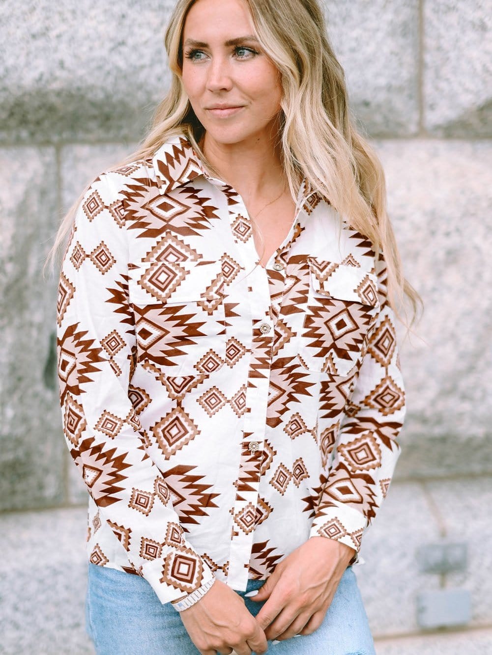 Aztec Print White Western Shirt with Button Flap Pockets