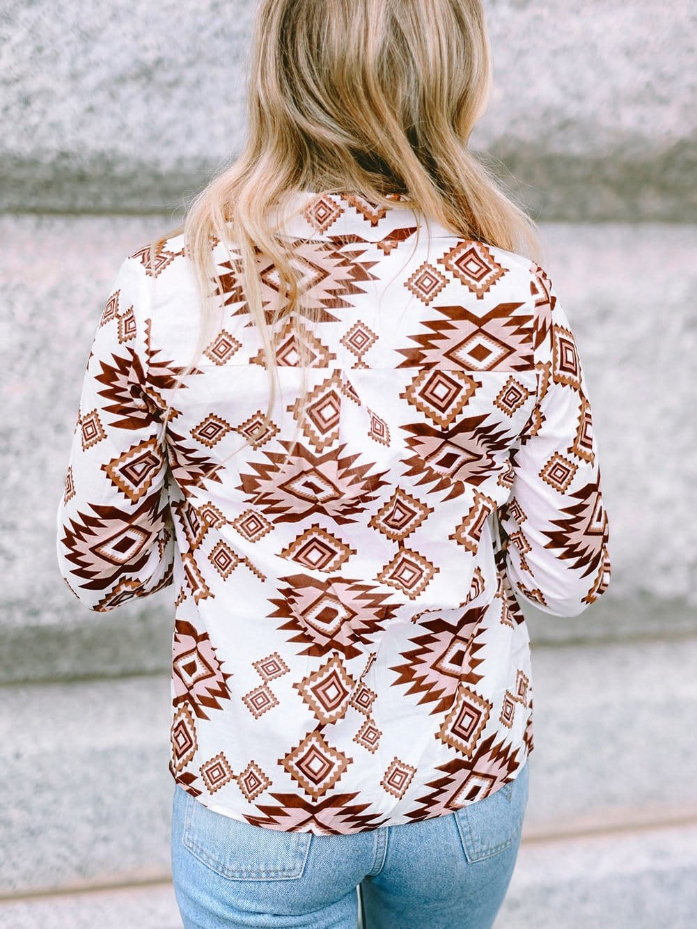 Aztec Print White Western Shirt with Button Flap Pockets
