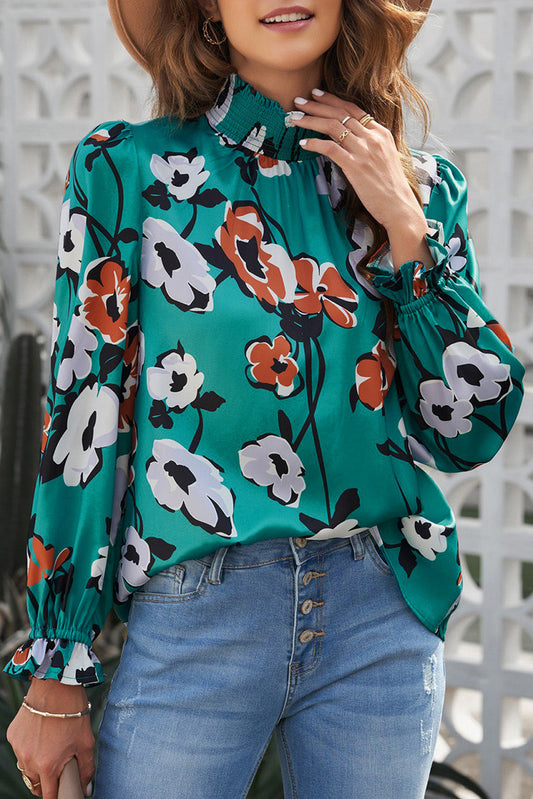 Floral Mock Neck Ruffle Sleeve Blouse