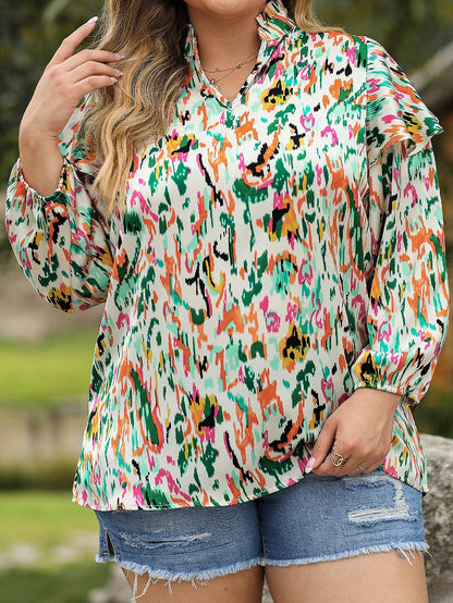 Colorful Abstract Printed Flowy V-Neck Plus Size Top