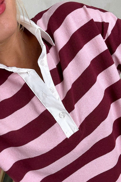 Red Stripe Contrast Shirt Collar Patchwork Long Sleeve Top