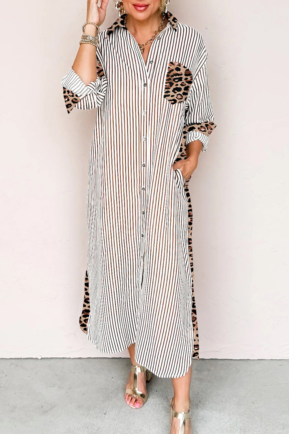 Brown Stripe Contrast Leopard Patchwork Long Shirt Dress