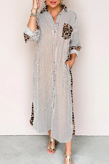 Brown Stripe Contrast Leopard Patchwork Long Shirt Dress