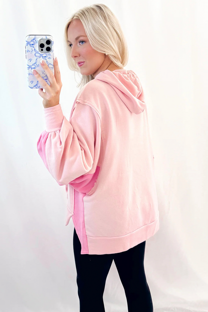 Light Pink Color Block Patchwork Balloon Sleeve Kangaroo Pouch High Low Hoodie