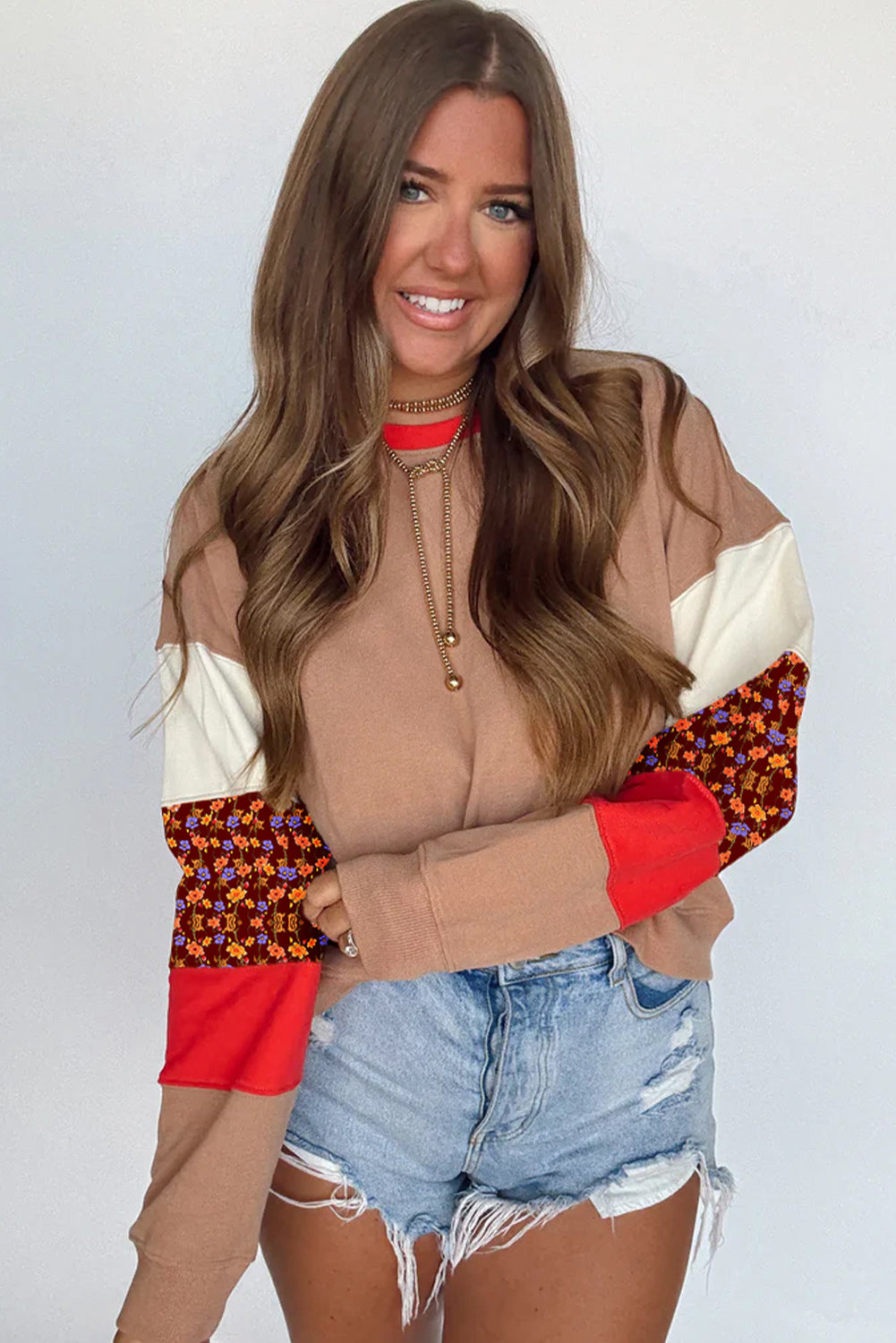 Smoke Gray Color Block Floral Patchwork Drop Shoulder Sweatshirt