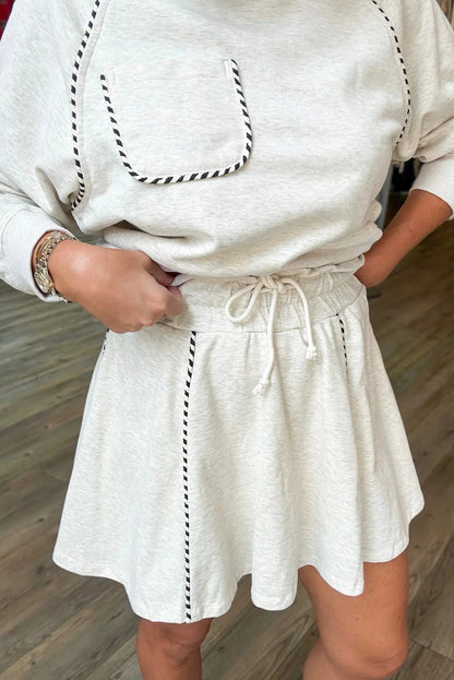 Light Grey Striped Piping Trim Raglan Sleeve Top Active Mini Skort 2pcs Set