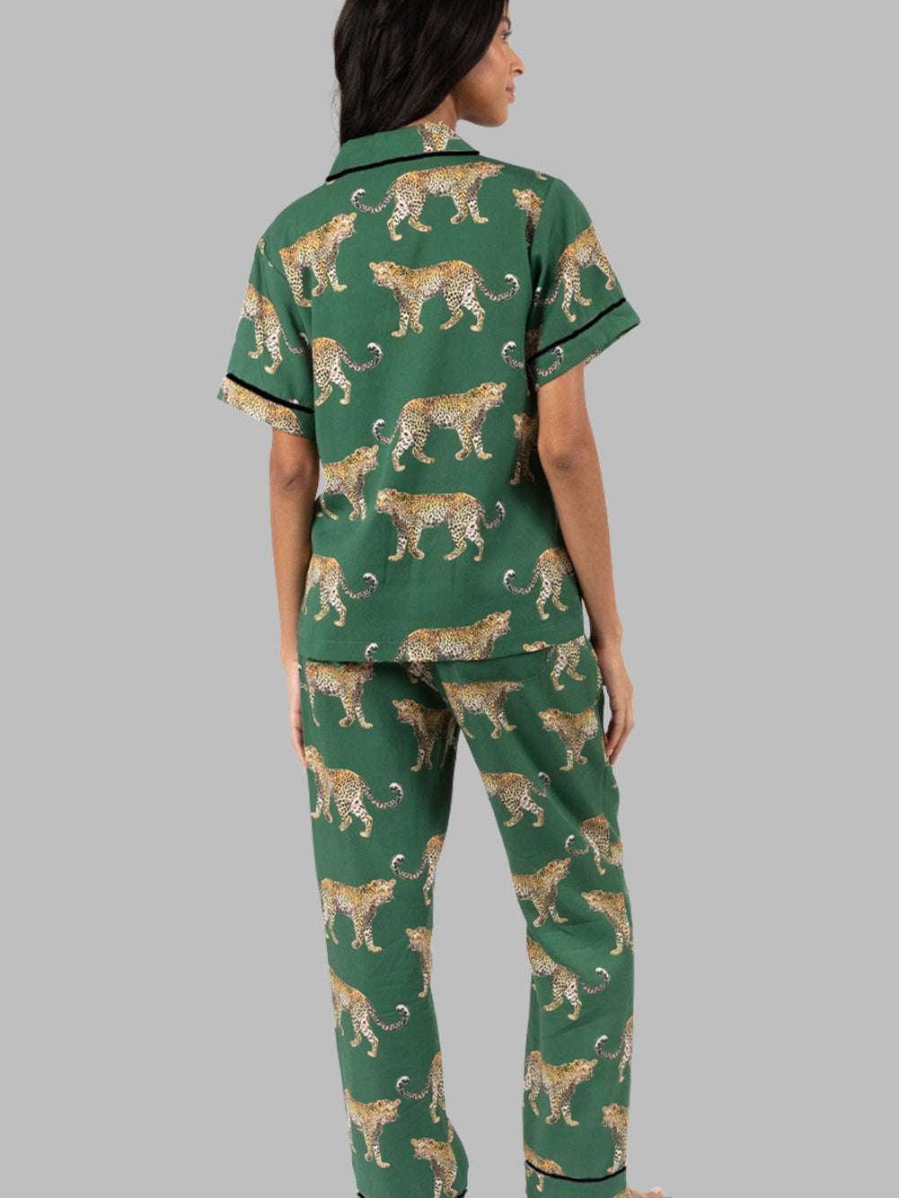 Green Leopard Print Casual Pajama Set with Short Sleeves and Drawstring Detail