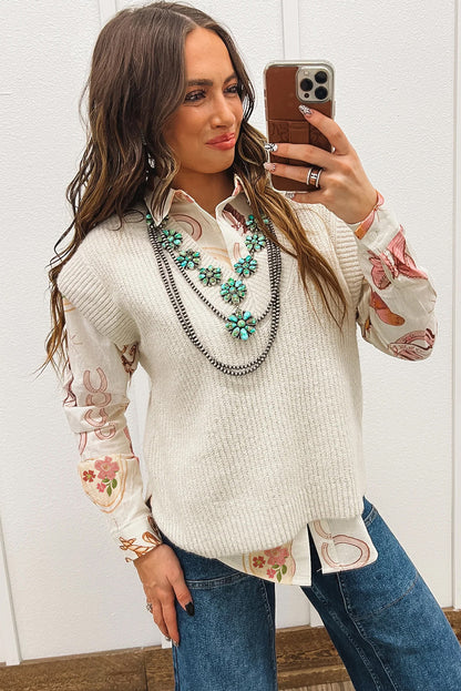 White Western Pattern Print Button-up Loose Shirt