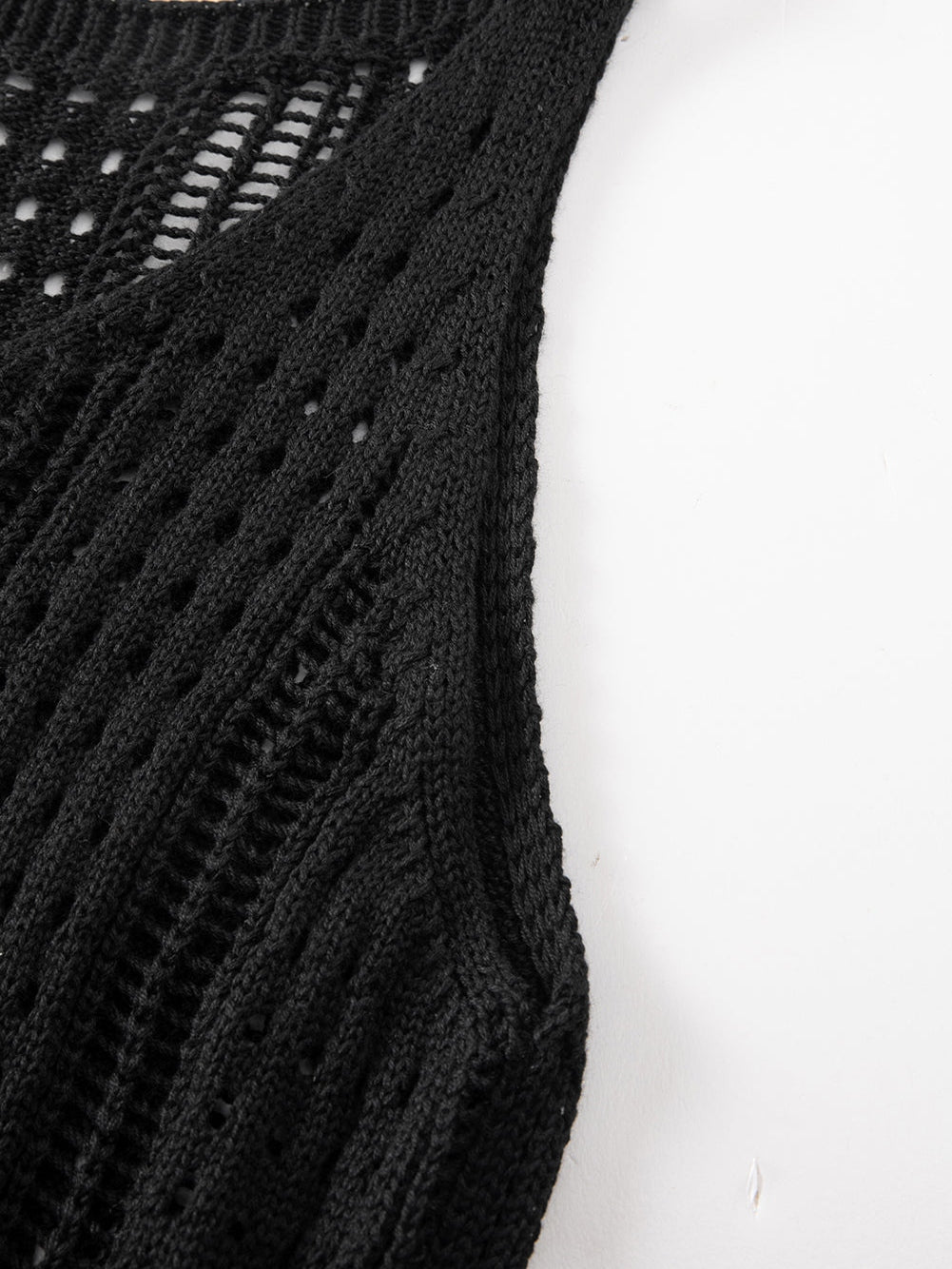 Boho Black Crochet Beach Dress with Drawstring & Hollow-out Detail