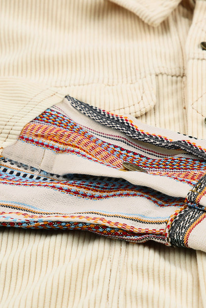 Button Up Pockets Striped Color Block Corduroy Jacket