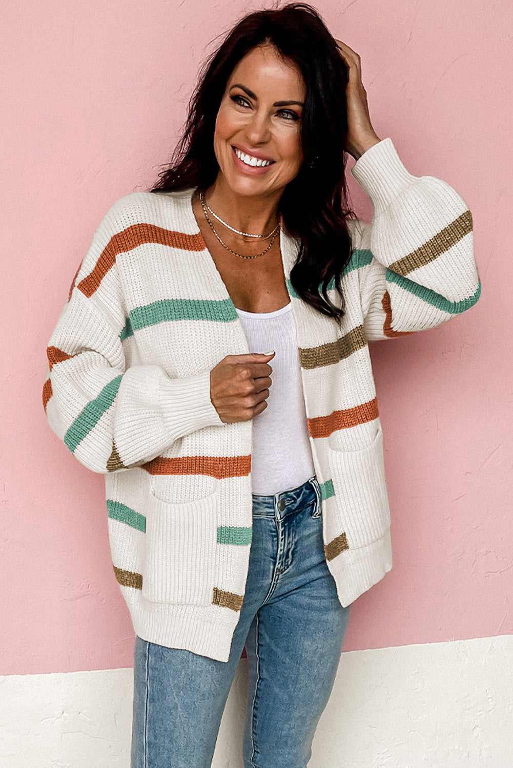 Beige Striped Drop Shoulder Sweater Cardigan with Pockets