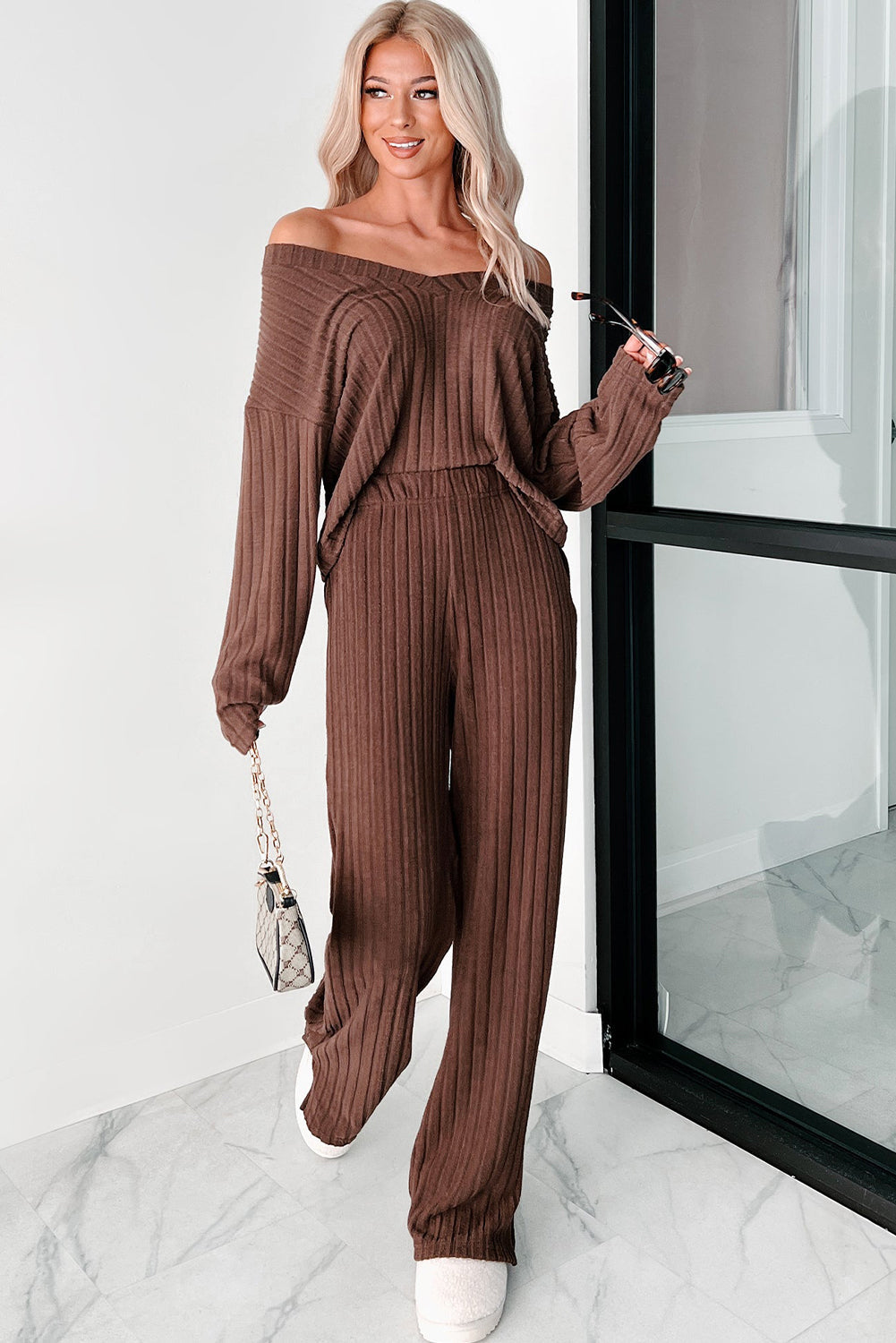 Coffee Wide Rib Knit Drop Shoulder V Neck Pullover Loose Pants Set