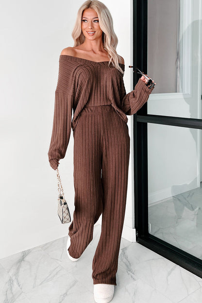Coffee Wide Rib Knit Drop Shoulder V Neck Pullover Loose Pants Set