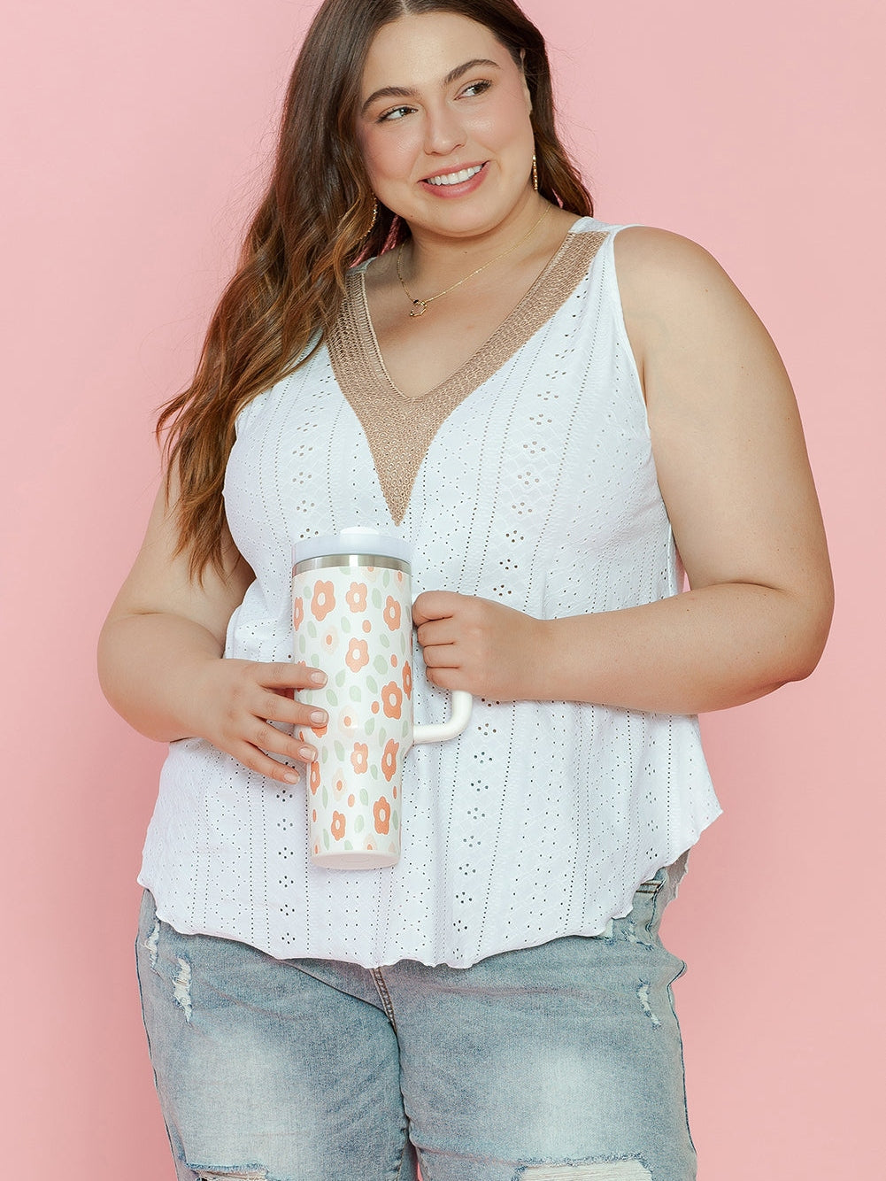 White Plus Size Guipure V Neck Eyelet Lace Tank Top