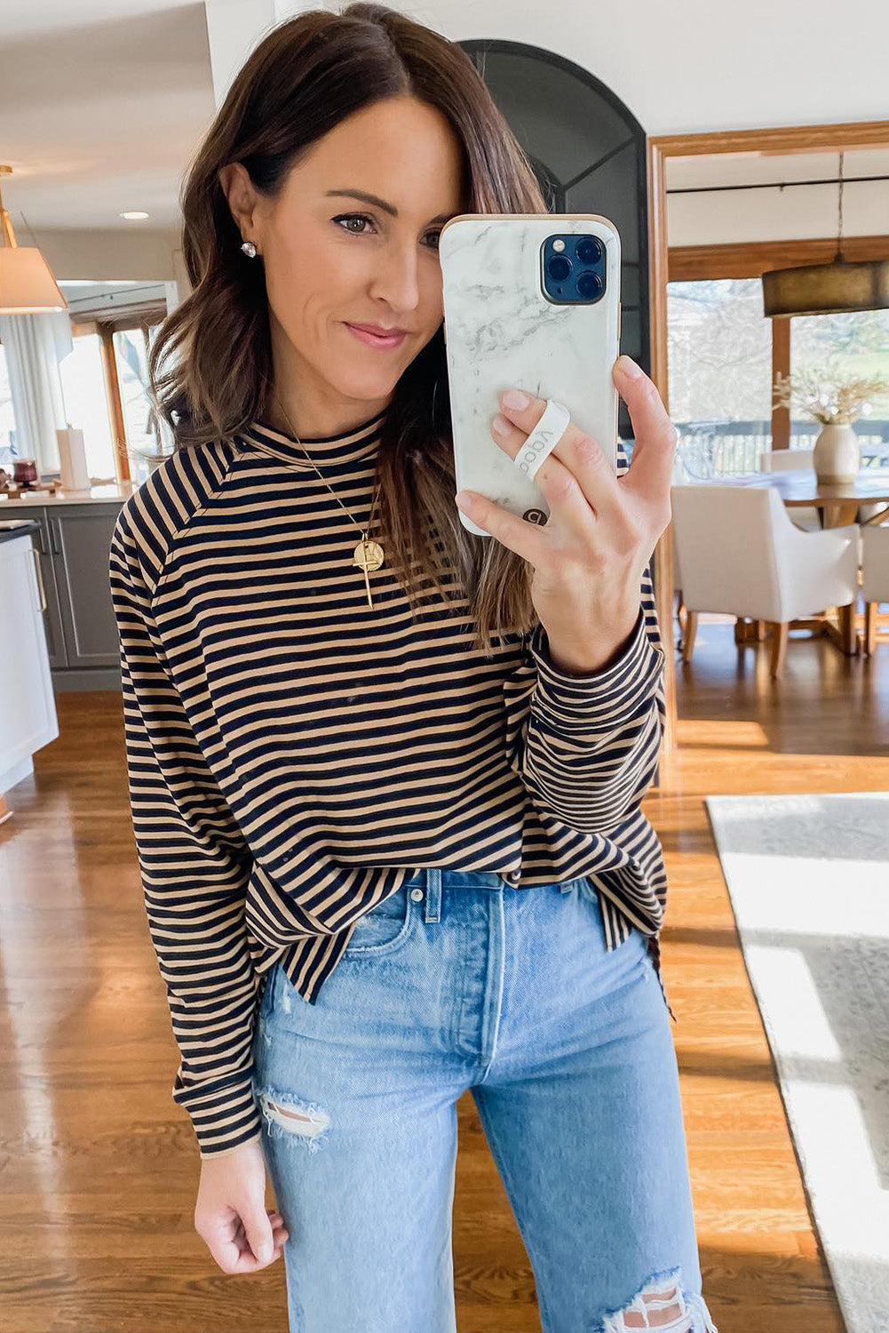 Black Stripe Side Splits Loose Fit Long Sleeve Top