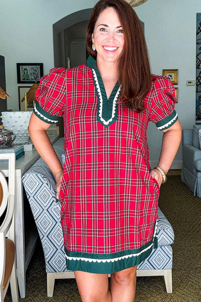 Racing Red Festive Plaid Ricrac Contrast Patchwork V Neck Short Sleeve Mini Dress