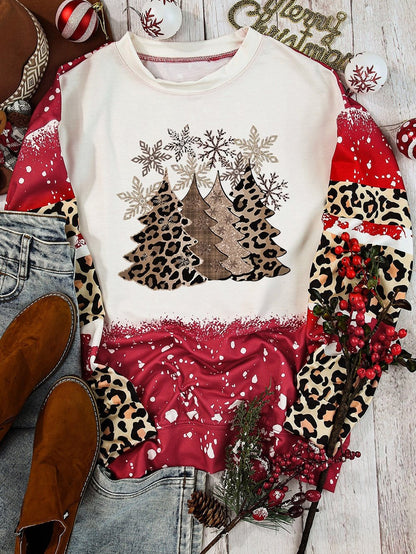 Fiery Red Tie Dye Leopard Christmas Tree Print Long Sleeve Top