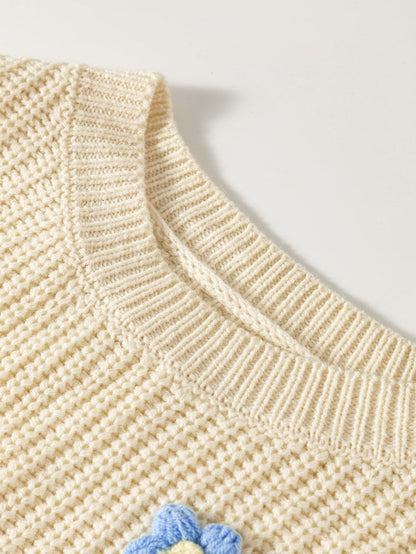 Floral Patchwork Drop Shoulder Knit Sweater with Colorblock Design