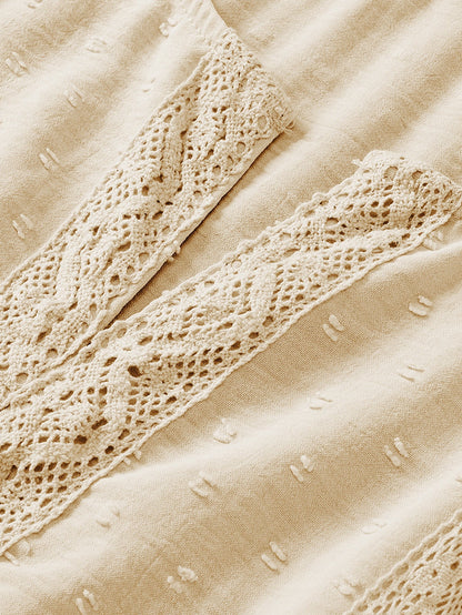 Golden Fleece Plus Size Swiss Dot Lace Trim Split Neck Babydoll Top