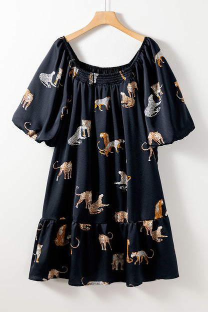 Cheetah Wonderland Plus Size Mini Dress with Puff Sleeve Flair
