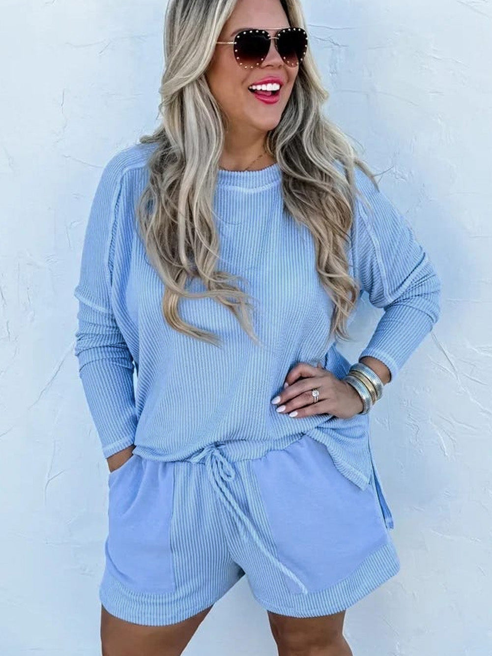 Light Blue Plus Size Ribbed Lounge Set with Long Sleeve Top and Drawstring Shorts